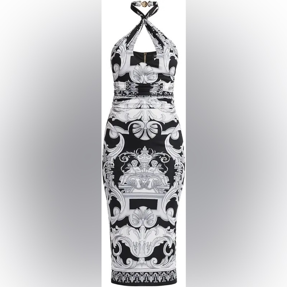 Versace Silver Baroque Printed Halter Body-Con Midi Dress